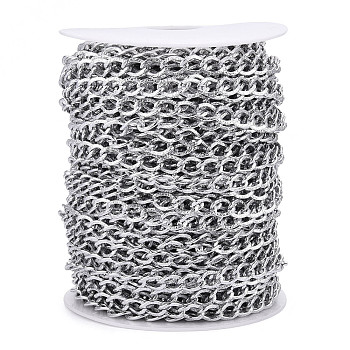 Aluminium Textured Curb Chains, Unwelded, with Spool, Silver, 11x7.5x1.5mm, about 98.43 Feet(30m)/Roll