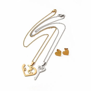 Heart & Skeleton Key Couple Pendant Necklaces & Stud Earrings, Vacuum Plating 304 Stainless Steel Word Love Jewelry Set for Valentine's Day, Golden & Stainless Steel Color, 450mm, 10x12mm, Pin: 0.8mm