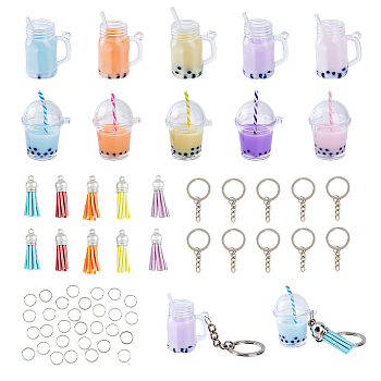 DIY Imitation Bubble Tea Charm Keychain Making Kit, Including Plastic Cup Pendants, Faux Suede Tassel Pendant Decorations, Iron Split Key Ring, Mixed Color, 60Pcs/bag