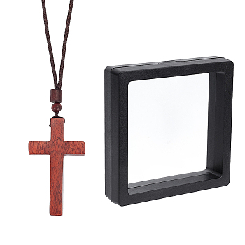 Wooden Cross Pendant Necklace with Polyester Cords, with Square Transparent PE Thin Film Suspension Jewelry Display Box, Sienna, 27.56 inch(70cm), 1pc
