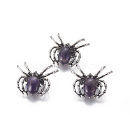 Natural Amethyst Brooch, with Brass Findings and Glass, Spider, Antique Silver, 34~35x41~42x7mm, Hole: 3x5mm(G-A176-C09)