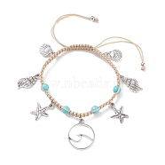 Synthetic Turquoise Braided Bead Bracelet, Starfish & Shell & Wave Alloy Charms Adjustable Bracelet for Women, Antique Silver, Inner Diameter: 2-1/8~3-1/8 inch(5.3~8cm)(BJEW-JB07988)