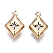 Brass Micro Pave Clear Cubic Zirconia Charms, Rhombus with Star, Real 18K Gold Plated, 15x10x4.5mm, Hole: 1.2mm(KK-Q764-003)