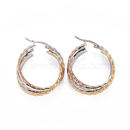 304 Stainless Steel Triple Hoop Earrings, Hypoallergenic Earrings, Textured Oval, Multi-color, 39x30x11mm, Pin: 0.7x1mm(EJEW-L232-024M)