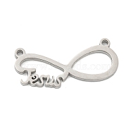 304 Stainless Steel Pendants, Infinity with Word Jesus, Stainless Steel Color, 11x25x1mm, Hole: 1.4mm(STAS-K253-05P)