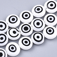 Handmade Evil Eye Lampwork Beads Strands, Flat Round, White, 11~13x4~5mm, Hole: 1.2mm, about 31~33pcs/strand, 14.1 inch~15.3 inch(LAMP-S191-02D-14)