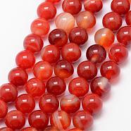 Natural Striped Agate/Banded Agate Bead Strands, Round, Grade A, Dyed & Heated, Orange Red, 10mm, Hole: 1mm, about 37pcs/strand, 15 inch(G-K166-13-10mm-08)