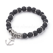 Natural Lava Rock Charm Bracelets, with Alloy Anchor Pendants and CCB Plastic Beads, Platinum, 2-1/8 inch(53mm)(BJEW-JB03403-01)