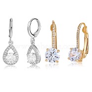 2 Pairs 2 Style Clear Cubic Zirconia Teardrop Dangle Leverback Earrings, Brass Jewelry for Women, Platinum & Golden, 27.5x9mm and 22x7.5mm, Pin: 0.9mm, 1 Pair/style(JE1000A)