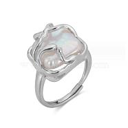 Irregular Pearl Adjustable Ring, Rhodium Plated 925 Sterling Silver Ring, Platinum, US Size 6(16.5mm)(JR968A)
