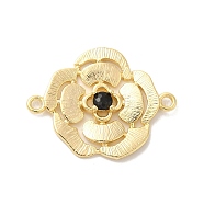 Brass Pave Glass Connector Charms, Flower Links, Real 18K Gold Plated, Black, 17x22.5x3mm, Hole: 1.4mm(KK-Z073-32G-02)