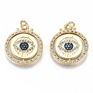 Brass Micro Pave Colorful Cubic Zirconia Pendants, with Jump Rings, Nickel Free, Flat Round with Eye, Real 16K Gold Plated, 21.5x18.5x2.5mm, Jump Ring: 5x1mm, 3mm inner diameter(ZIRC-S067-184-NF)