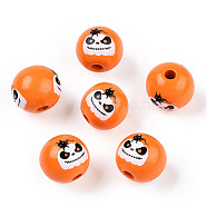 Halloween Theme Wood European Beads, Printed Large Hole Beads, Round, Dark Orange, Pumpkin, 15.5~16.5mm, Hole: 3.5~4.5mm(WOOD-N016-04B)