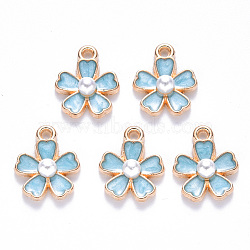 Alloy Enamel Charms, with ABS Plastic Imitation Pearl, Sakura Flower, Light Gold, Sky Blue, 14.5x11.5x4.5mm, Hole: 1.2mm(ENAM-N054-028B)