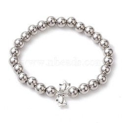 8mm Round 304 Stainless Steel Beaded Stretch Bracelets, Alloy Bowknot Link Bracelets for Women, Antique Silver & Stainless Steel Color, Inner Diameter: 2-3/8 inch(6.15cm)(BJEW-JB10574)