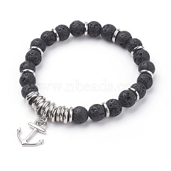Natural Lava Rock Charm Bracelets, with Alloy Anchor Pendants and CCB Plastic Beads, Platinum, 2-1/8 inch(53mm)(BJEW-JB03403-01)