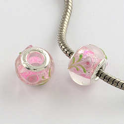 Rondelle Lampwork Large Hole European Beads, with Silver Color Plated Brass Cores, Pearl Pink, 14~15x10~11mm, Hole: 5mm(LPDL-R003-05E)