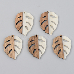 Opaque Resin & Walnut Wood Pendants, Leaf, Floral White, 37x28x3mm, Hole: 2mm(RESI-S389-003A-C04)