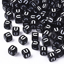 Opaque Acrylic Beads, Horizontal Hole, Alphabet Style, Cube, Black & White, Letter.U, 5x5x5mm, Hole: 2mm, about 500pcs/50g(X-SACR-N002-01U)