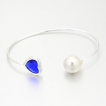 Nickel Free Silver Color Plated Brass Glass Cuff Bangles, Torque Bangles, with Round Acrylic Pearl, Blue, 50x64mm