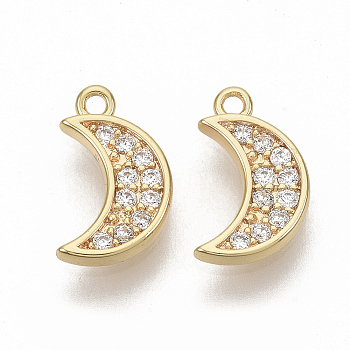 Brass Micro Pave Cubic Zirconia Charms, Nickel Free, Moon, Clear, Real 18K Gold Plated, 11x6.5x1.5mm, Hole: 1mm