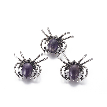 Natural Amethyst Brooch, with Brass Findings and Glass, Spider, Antique Silver, 34~35x41~42x7mm, Hole: 3x5mm
