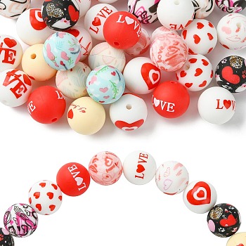 50Pcs Valentine's Day Heart Pattern Silicone Focal Beads, Round, Mixed Color, 15mm, Hole: 2~2.2mm