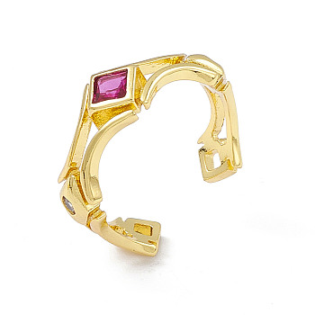 Cubic Zirconia Rhombus Open Cuff Ring, Golden Brass Jewelry for Women, Flamingo, Inner Diameter: 18.4mm