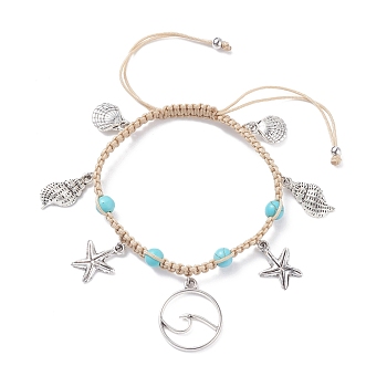 Synthetic Turquoise Braided Bead Bracelet, Starfish & Shell & Wave Alloy Charms Adjustable Bracelet for Women, Antique Silver, Inner Diameter: 2-1/8~3-1/8 inch(5.3~8cm)