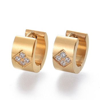 304 Stainless Steel Huggie Hoop Earrings, with Clear Cubic Zirconia, Ring, Golden, 12.5x13.5x7mm, Pin: 1.2mm