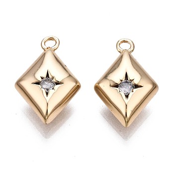Brass Micro Pave Clear Cubic Zirconia Charms, Rhombus with Star, Real 18K Gold Plated, 15x10x4.5mm, Hole: 1.2mm