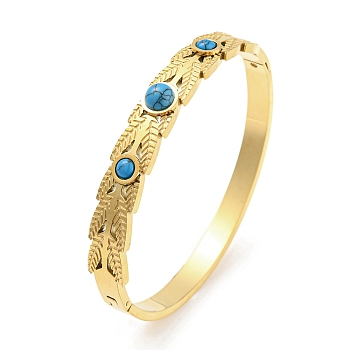 Synthetic Turquoise Beaded Bangle, Ion Plating(IP) 304 Stainless Steel Leaf Bangle for Women, Real 18K Gold Plated, Inner Diameter: 2-3/8 inch(5.95cm)
