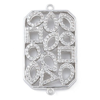 Rack Plating Brass Micro Pave Clear Cubic Zirconia Rectangle Connector Charms, Long-Lasting Plated, Cadmium Free & Lead Free, Platinum, 32x18x3.5mm, Hole: 1mm