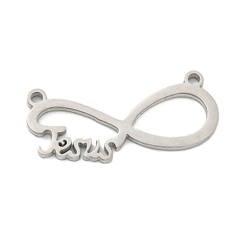 304 Stainless Steel Pendants, Infinity with Word Jesus, Stainless Steel Color, 11x25x1mm, Hole: 1.4mm