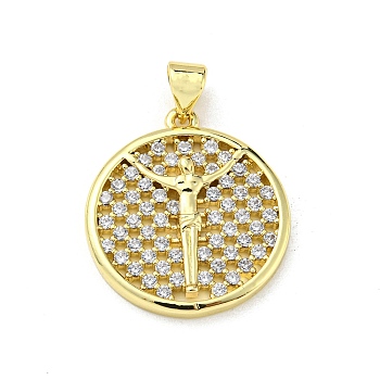 Brass with Cubic Zirconia Pendant, Round, Clear, 22x20x2.9mm, Hole: 5x3.5mm