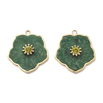 PVD Vacuum Plating 304 Stainless Steel Pave Dyed Shell Flower Pendants, with Rhinestone, Dark Olive Green, Real 18K Gold Plated, 22.5x19.5x4.5mm, Hole: 1.6mm