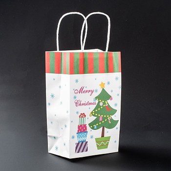 Christmas Theme Kraft Paper Gift Bags, with Handles, Shopping Bags, Christmas Tree Pattern, 13.5x8x22cm