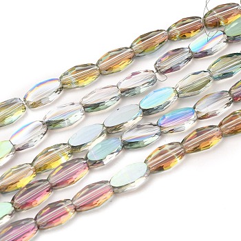 Transparent Electroplate Glass Beads Strands, Faceted, Oval, Half Rainbow Plated, Dark Sea Green, 10.5x6x3mm, Hole: 1.2mm, about 50pcs/Strand, 21.26''(54cm)