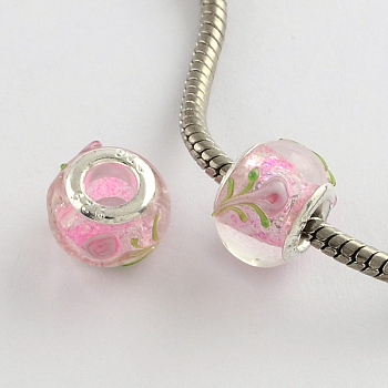 Rondelle Lampwork Large Hole European Beads, with Silver Color Plated Brass Cores, Pearl Pink, 14~15x10~11mm, Hole: 5mm