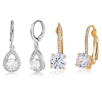 2 Pairs 2 Style Clear Cubic Zirconia Teardrop Dangle Leverback Earrings, Brass Jewelry for Women, Platinum & Golden, 27.5x9mm and 22x7.5mm, Pin: 0.9mm, 1 Pair/style