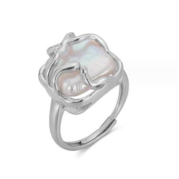 Irregular Pearl Adjustable Ring, Rhodium Plated 925 Sterling Silver Ring, Platinum, US Size 6(16.5mm)