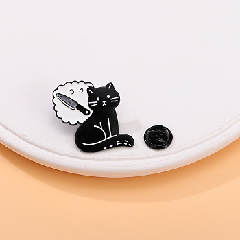 Cat with Knife Badges, Alloy Enamel Pins, Cute Cartoon Animal Brooch, Clothes Decorations Bag Accessories, Black, 30x30mm