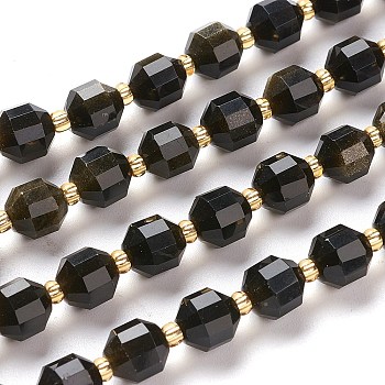 Natural Golden Sheen Obsidian Beads Strands, Round, Faceted, 7x7x8mm, Hole: 0.8mm, about 38pcs/Strand, 15.35 inch(39cm)