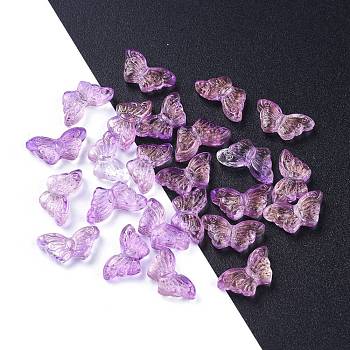 Electroplate Transparent Glass Beads, with Glitter Powder, Butterfly, Orchid, 14.5x8x3.5mm, Hole: 0.8mm