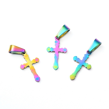 Ion Plating(IP) 304 Stainless Steel Pendants, Cross, Rainbow Color, 19x11x1.2mm, Hole: 3.5x7mm