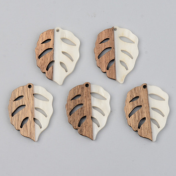 Opaque Resin & Walnut Wood Pendants, Leaf, Floral White, 37x28x3mm, Hole: 2mm