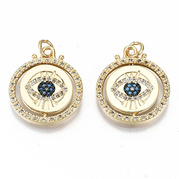 Brass Micro Pave Colorful Cubic Zirconia Pendants, with Jump Rings, Nickel Free, Flat Round with Eye, Real 16K Gold Plated, 21.5x18.5x2.5mm, Jump Ring: 5x1mm, 3mm inner diameter