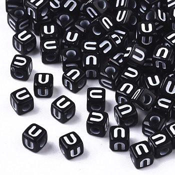 Opaque Acrylic Beads, Horizontal Hole, Alphabet Style, Cube, Black & White, Letter.U, 5x5x5mm, Hole: 2mm, about 500pcs/50g