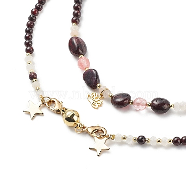2 Stück 2-teilige natürliche Granat- und Kirschquarzglasperlen-Halsketten mit 304 Edelstahl-Stern- und Lotus-Anhängern(NJEW-JN04073)-4