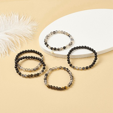 5Pcs 5 Style Natural Mixed Gemstone Round Beaded Stretch Bracelets Set(BJEW-JB08829)-2